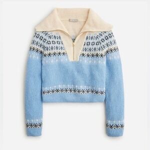 JCrew Fair Isle Alpaca Wool Blend Half Zip Sweater Blue Cream XS BM536